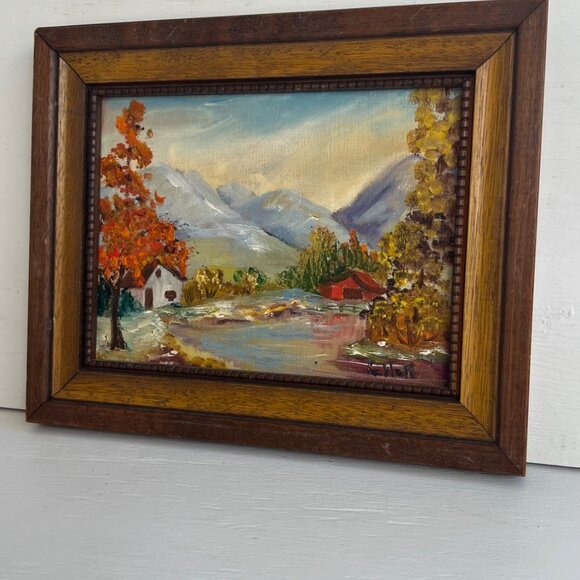 Vintage Landscape Painting In Wood Frame 8.5x6.5 Inches Autumn Mountain Scene Si - Picture 2 of 6